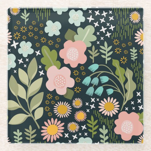 繊細なフローラ：シームレスなヴィンテージ美しい。 ガラスコースター (正面)