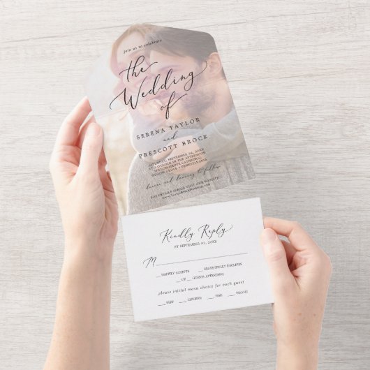 繊細なブラックカリグラフィー | フォトウェディング オールインワン招待状 (貼ってはがせる)