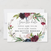 繊細なブルゴーニュブルーフローラリース日付を保存 セーブザデート (正面)