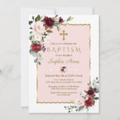 繊細なブルゴーニュ赤面花金ゴールドクロスバプテスマ 招待状 (正面)