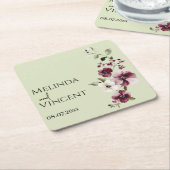 繊細なブルゴーニュ、アイボリー花紙コースター スクエアペーパーコースター (アングル)