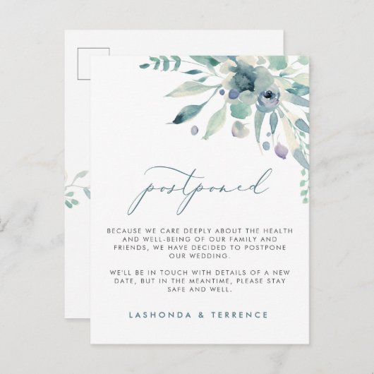 繊細なブルーの花のウェディング延期のお知らせ 案内ポストカード (正面/裏面)