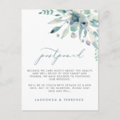 繊細なブルーの花のウェディング延期のお知らせ 案内ポストカード (正面)