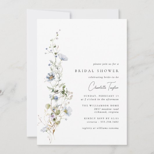 繊細なブルーフローラ |エアリーガーデンブライダルシャワー 招待状 (正面)