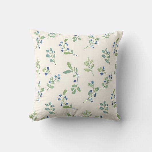 繊細なブルーベリーとユーカリの模様 クッション (正面)