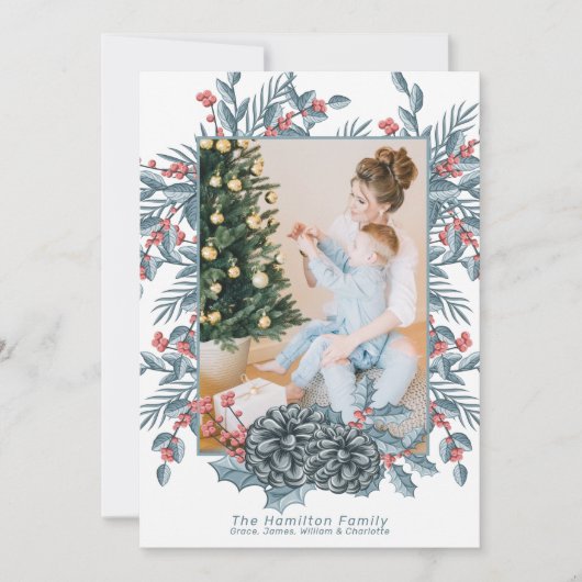 繊細なブルーベリーパインコーンクリスマスフォト シーズンカード (正面)