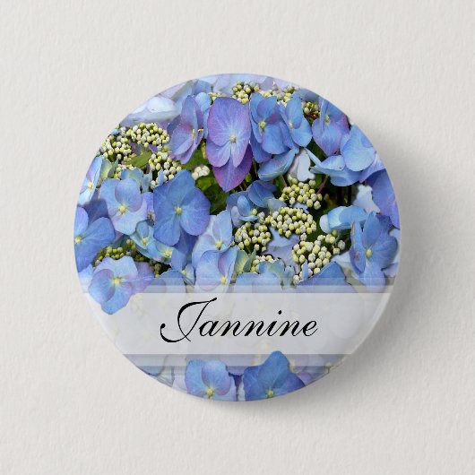 繊細なブルーラケキャップアジサイ 缶バッジ (正面)