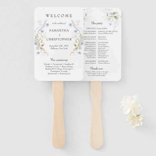 繊細なブルーワイルドフラワーリースフレームプログラム ハンドファン (正面&裏面)