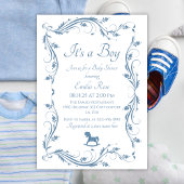 繊細なブルーヴィンテージフローラボーイシャワー 招待状