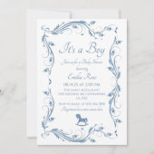 繊細なブルーヴィンテージフローラボーイシャワー 招待状 (正面)