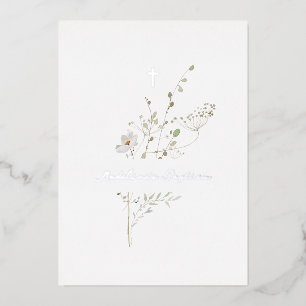 繊細なブーケバプテスシルバーフォイル招待状 箔招待状