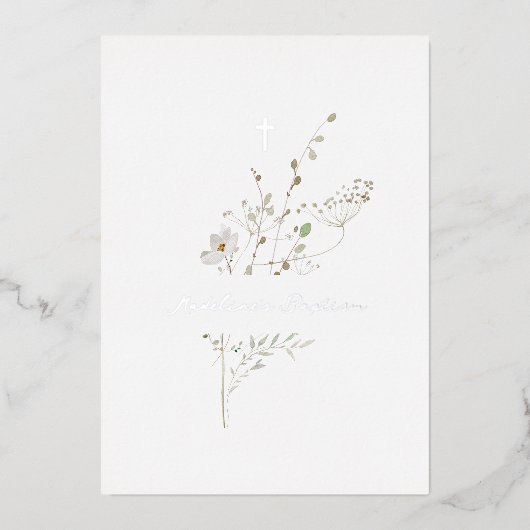 繊細なブーケバプテスシルバーフォイル招待状 箔招待状 (正面)