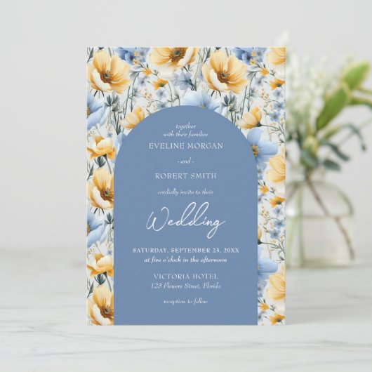 繊細なボホブルーと黄色の野生の花のアーチ 招待状 (スタンド正面)