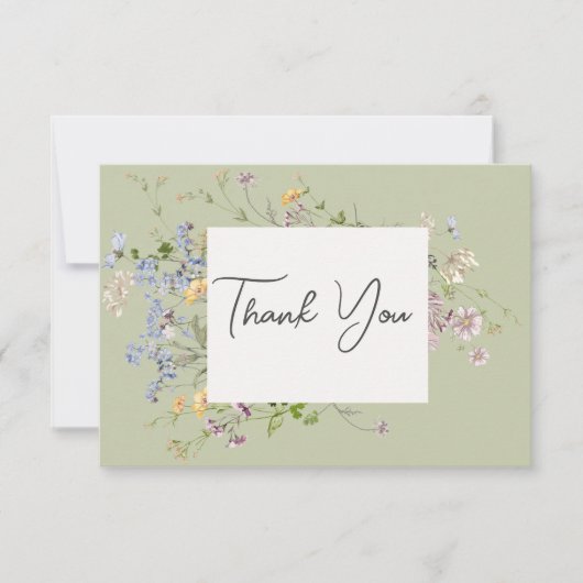 繊細なボホワイルドフラワーグリーン結婚ズ サンキューカード (正面)