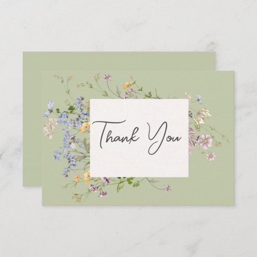 繊細なボホワイルドフラワーグリーン結婚ズ サンキューカード (正面/裏面)