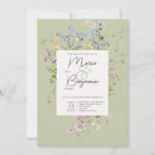 繊細なボホワイルドフラワーグリーン結婚ズ 招待状 (正面)