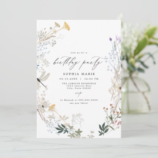 繊細なボホワイルドフラワーバタフライバースデーパーティー 招待状 (スタンド正面)