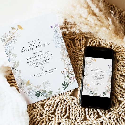 繊細なボホワイルドフラワーバタフライブライダルシャワー 招待状