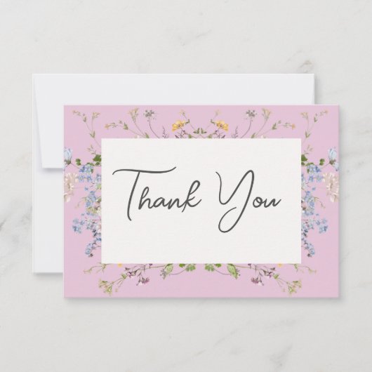 繊細なボホワイルドフラワーピンク結婚ズ サンキューカード (正面)
