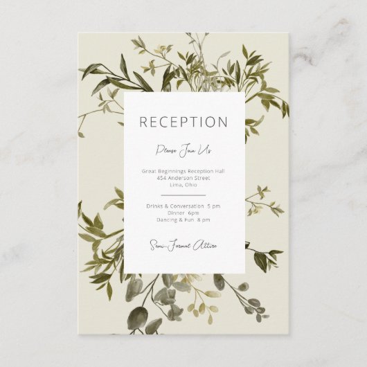 繊細なボホ緑の結婚式のレセプション エンクロージャーカード (正面)