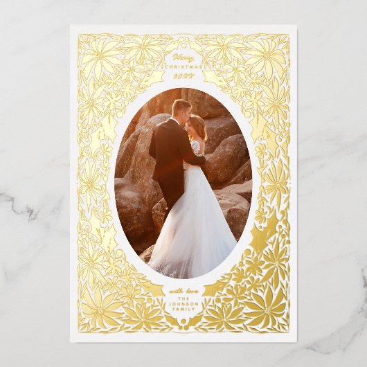 繊細なポインセチアの楕円形フレーム写真 箔シーズンカード (正面)