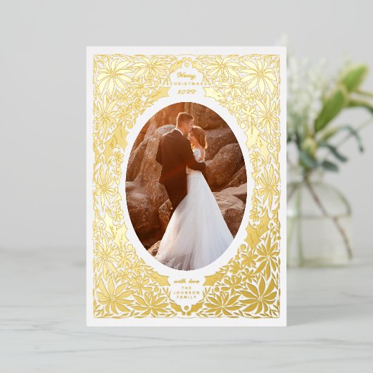 繊細なポインセチアの楕円形フレーム写真 箔シーズンカード (立ち正面)