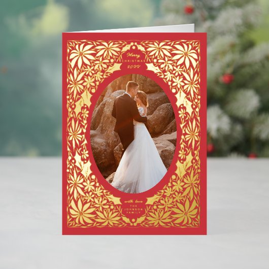 繊細なポインセチア赤い楕円形フレームフォト 箔シーズンカード (クリスマスインサイチュ)