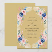 繊細なマスタードインディゴの芍薬の結婚式 招待状 (正面/裏面)