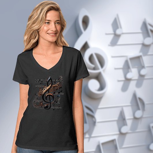繊細なミュージカルデザインVネックTシャツ Tシャツ