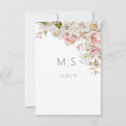 繊細なモダンピンクのブッシュローズ&ユリのウェディング セーブザデート (裏面)