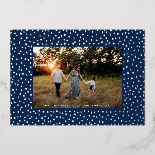 繊細なモダン幾何学模様1枚フォトネイビーシルバー 箔シーズンカード (正面)