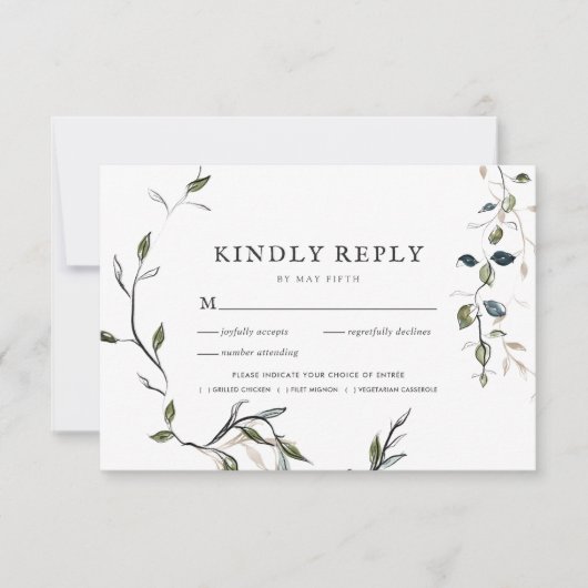 繊細なモダン春グリーンリーRSVP w/Meal 出欠カード (正面)