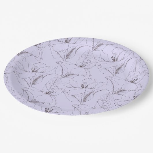 繊細なユリの葉模様の茎の線のアート薄紫 ペーパープレート (アングル)