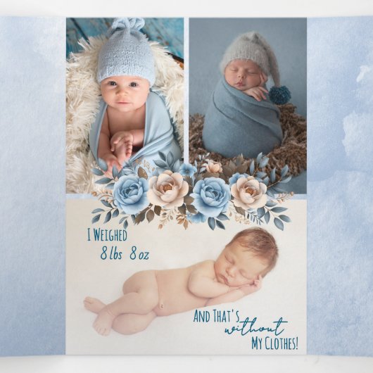 繊細なユーモアのある出産の発表 – 青 三つ折りカード (内部中)