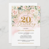 繊細なライトピンクのバラグリーン金ゴールド20歳の誕生日 招待状 (正面/裏面)