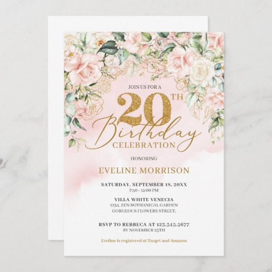 繊細なライトピンクのバラグリーン金ゴールド20歳の誕生日 招待状 (正面/裏面)