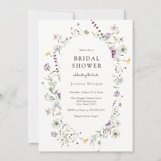 繊細なラベンダーイエローワイルドフラワーブライダルシャワー 招待状 (正面)