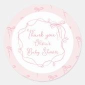 繊細なリボン ピンク 手描きの波線フレーム ありがとう ラウンドシール (正面)