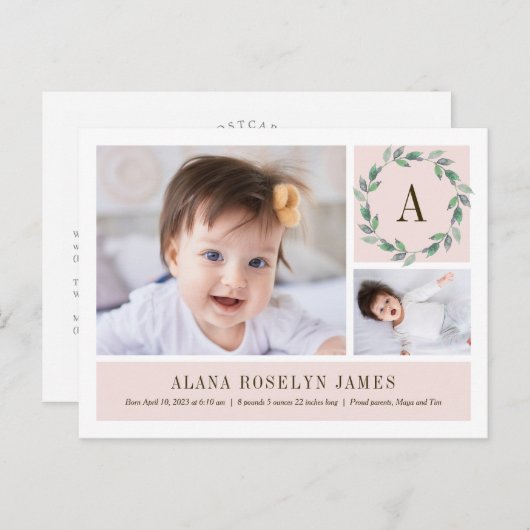 繊細なリース誕生発表葉書 ポストカード (正面/裏面)