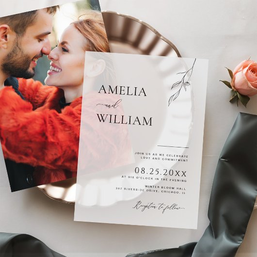 繊細なリーフスケッチシンプル結婚の ベラム紙招待状