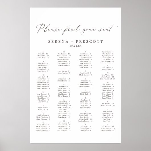 繊細なルーペのアルファベット順の座席表 ポスター (正面)