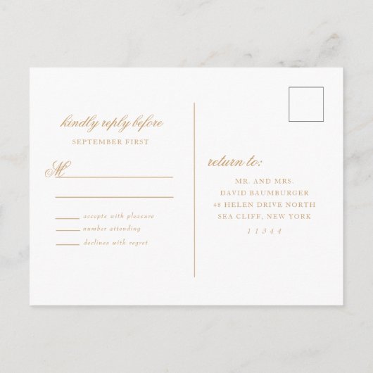 繊細なレースコーナーアイボリーと結婚金ゴールドの回答 インビテーションポストカード (裏面)