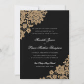 繊細なレースコーナーブラックと金ゴールド結婚スクリプト 招待状 (正面)