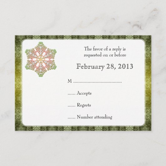 繊細なレース雪の結晶の冬の結婚式の返信カード 出欠カード (正面)