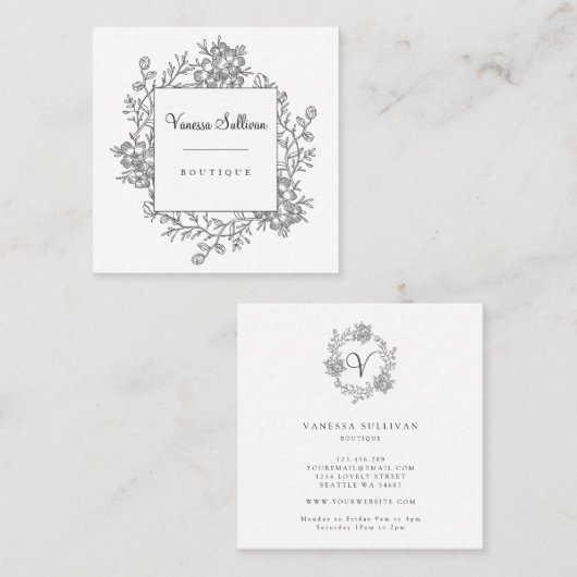 繊細なロマンチックな手描きフローラリース スクエア名刺 (正面/裏面)