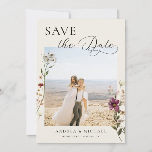 繊細なロマンティックアイボリー ワイルドフラワーズ フォト ウェディング セーブザデート (正面)