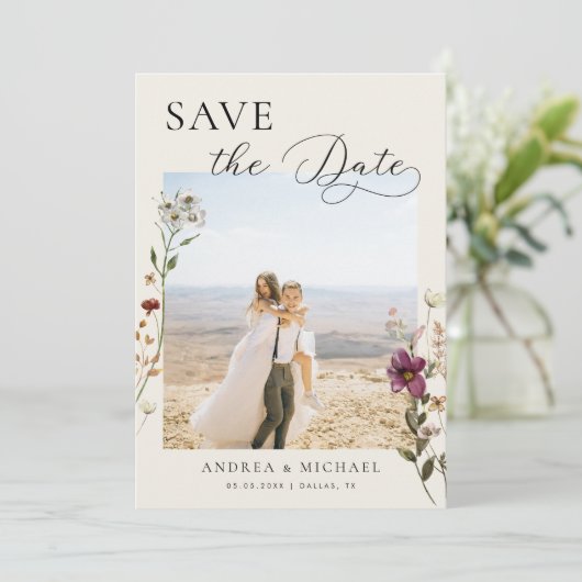 繊細なロマンティックアイボリー ワイルドフラワーズ フォト ウェディング セーブザデート (スタンド正面)