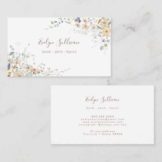 繊細なワイルドフラワーと緑のビジネスカード 名刺 (正面/裏面)