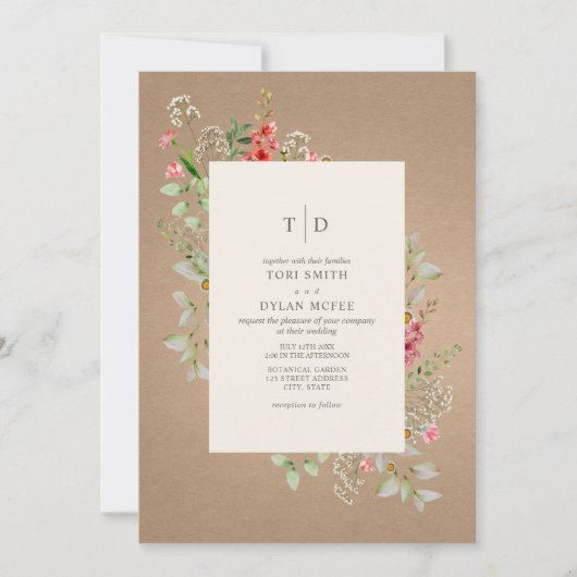 繊細なワイルドフラワーのカードストック Botanical Wedding 招待状 (正面)
