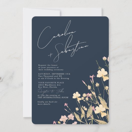 繊細なワイルドフラワーネイビーRSVP QRコード結婚ズ 招待状 (正面)